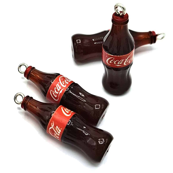 Coca Cola, soda bottle, pendant with metal loop, plastic, 34x10 mm, 4 pcs