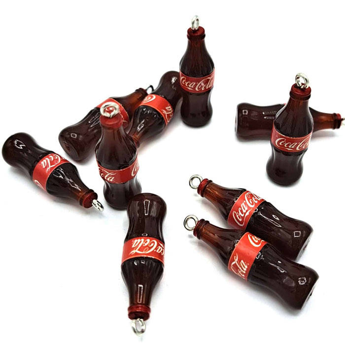Coca Cola, soda bottle, pendant with metal loop, plastic, 34x10 mm, 4 pcs