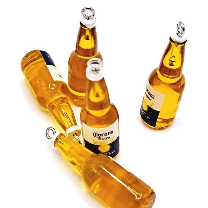 Corona beer bottle, pendant with metal loop, plastic, 34x10 mm, 4 pcs