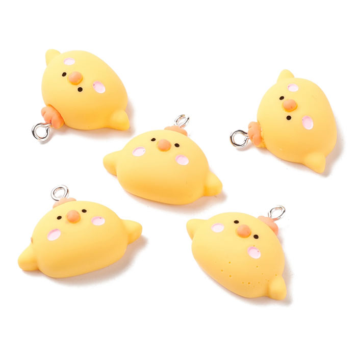 Chicken pendant with metal loop, yellow, plastic, 22x26x10 mm, 1 piece