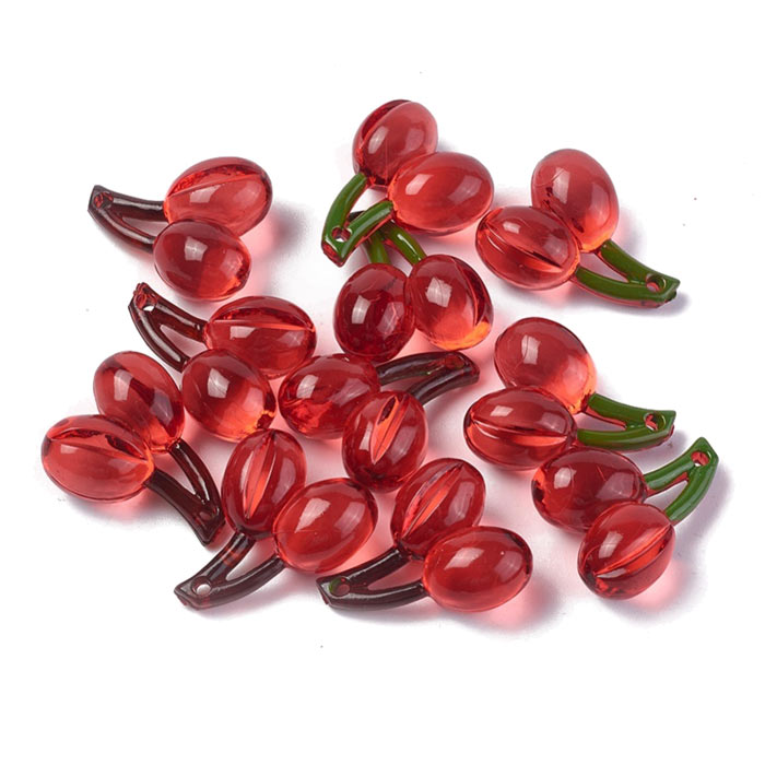 Acrylic pendant, red oval cherry, fruit figure, approx.  21x18x9mm, 4 pcs.