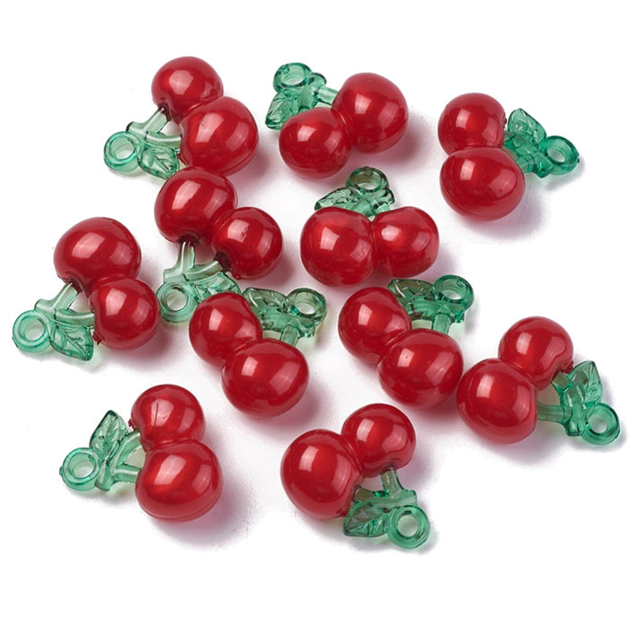 Acrylic pendant, red round cherry, fruit figure, approx.  20x20x10mm, 4 pcs.