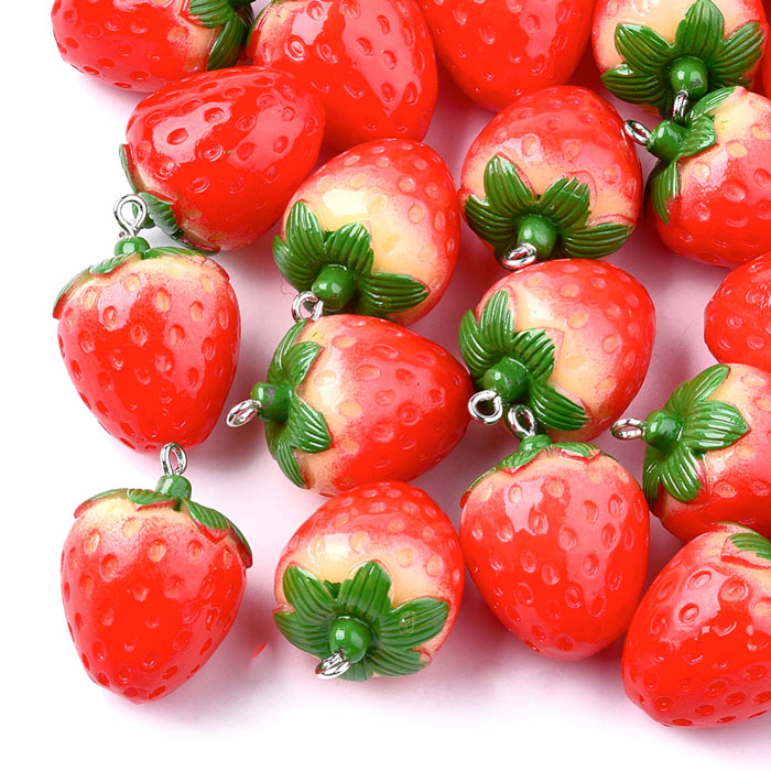 Pendant, red strawberry with metal loop, approx. 29x20mm, 2 pcs