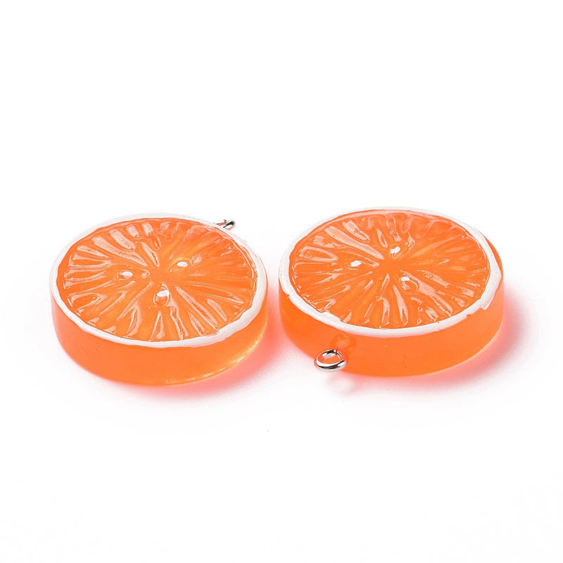 Pendant, orange piece, fruit figure with metal eye, plastic, 30x26 mm, 2 pcs