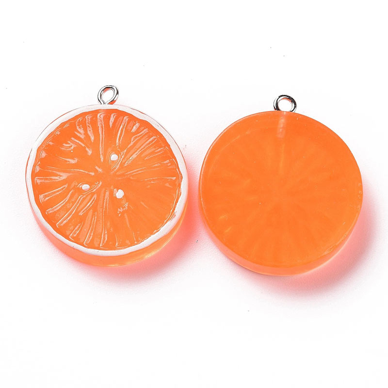 Pendant, orange piece, fruit figure with metal eye, plastic, 30x26 mm, 2 pcs
