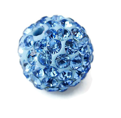 Half-drilled light blue sphere with crystals, 6mm, 2pcs.