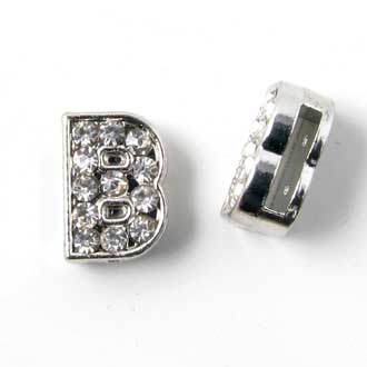Letter B slide-charm, silver-coloured with crystals, ca. 10x12mm, 1pc.