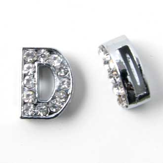 Letter D slide-charm, silver-coloured with crystals, ca. 10x12mm, 1pc.