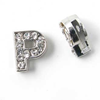 Letter P, slide charm, silver-coloured with crystals, ca. 10x12mm, 1pc.
