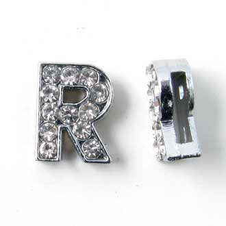 Letter R, slide charm, silver-coloured with crystals, ca. 10x12mm, 1pc.
