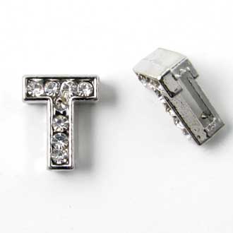 Letter T, slide charm, silver-coloured with crystals, ca. 10x12mm, 1pc.