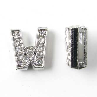 Letter W, slide charm, silver-coloured with crystals, ca. 10x12mm, 1pc.