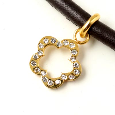 Flower charm, outline with crystals, quality gilded steel, 16mm, with eye and jump ring, 1pc.