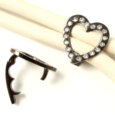 Heart-clip, black steel with clear crystals, for double cord of 5-6mm, 15x15mm, 1pc.