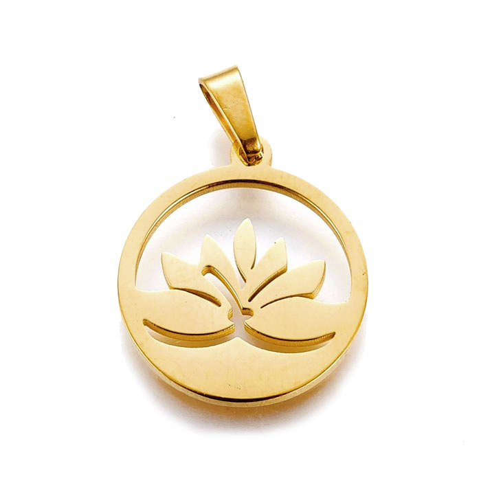 Lotus-charm, pendant for necklace, gilded steel, 17x20 mm, 1pc.