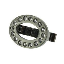Oval-clip, black steel with clear crystals, for double cord of a 5-6mm, 13x10mm, 1pc.