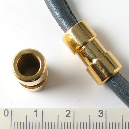 Long cylinder w. rabbet, gilded stainless steel, 6mm hole, 1pc.