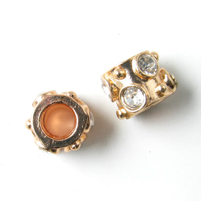 Gilded tube bead w. large crystals and 5mm hole, transparent, 12x9mm, 1pc.