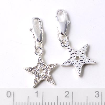 Star charm, silvered with lobster claw clasp and clear crystals, 1pc. Jewellery Bead