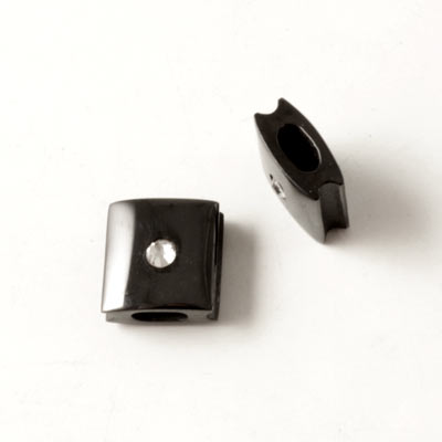Square bead / locking bead with crystal, for knotted bracelets, black steel, 10x10x5mm, 1pc.