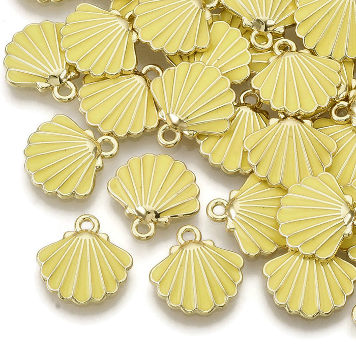 Shell with enamel, pendant, gold-plated brass, yellow, 1 eye, 13 mm, 2 pieces