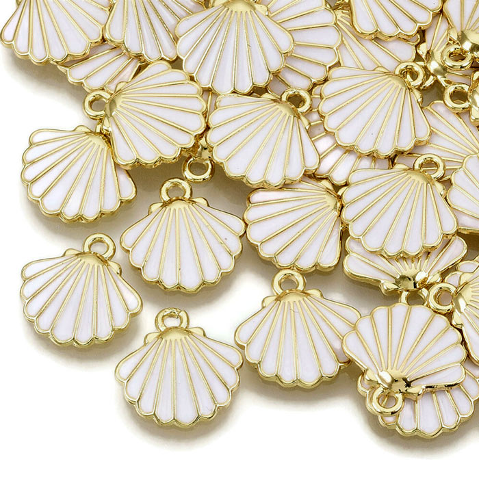 Shell with enamel, pendant, gold-plated brass, white, 1 eye, 13 mm, 2 pieces