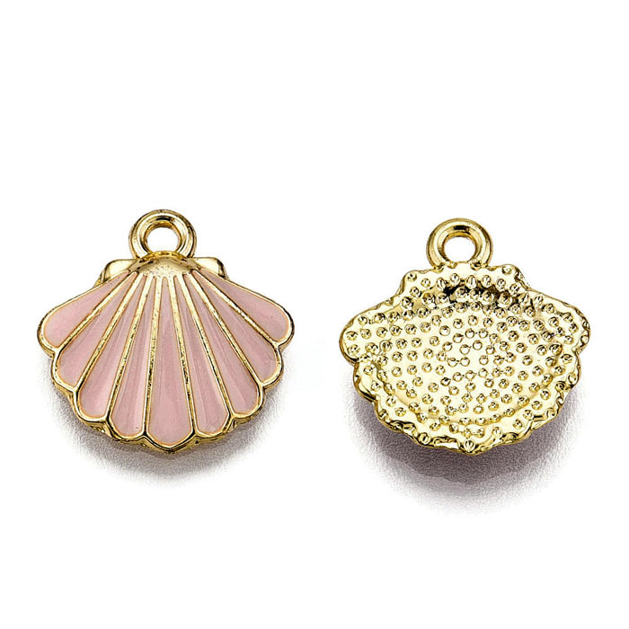 Shell with enamel, pendant, gold-plated brass, pink, 1 eye, 13 mm, 2 pieces