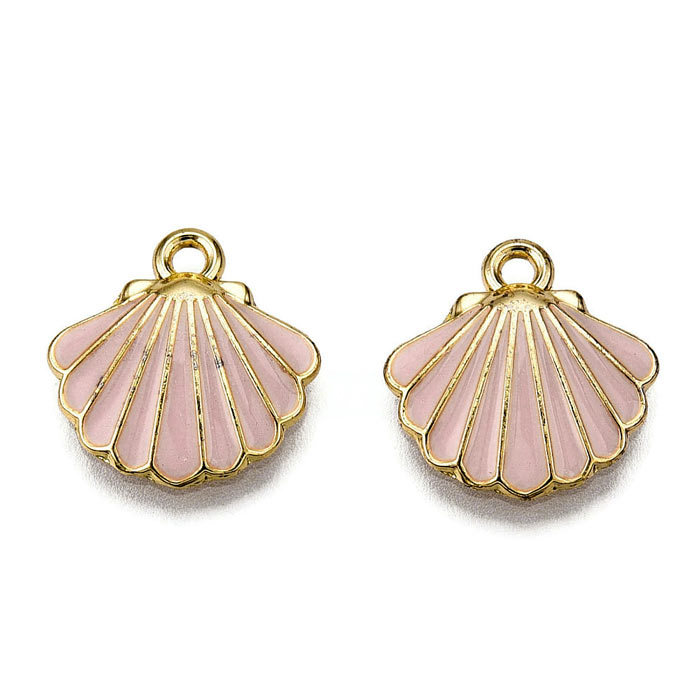 Shell with enamel, pendant, gold-plated brass, pink, 1 eye, 13 mm, 2 pieces