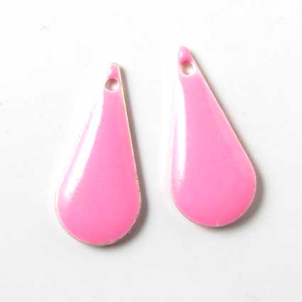 Enamel charm, slim pink teardrop, 22x10mm, 2pcs.