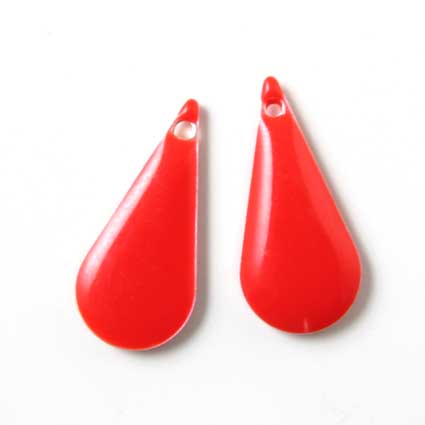 Enamel charm, slim vivid red teardrop, 22x10mm, 2pcs.
