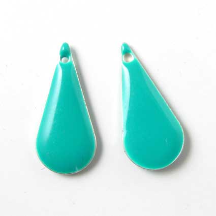 Enamel charm, slim turquoise-green teardrop, 22x10mm, 2pcs.