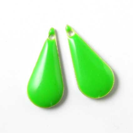 Enamel charm, slim light green teardrop, 22x10mm, 2pcs.