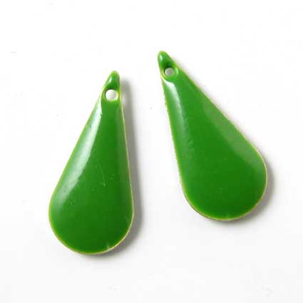 Enamel charm, slim dark green teardrop, 22x10mm, 2pcs.
