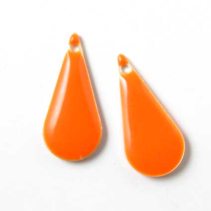 Enamel charm, slim orange teardrop, 22x10mm, 2pcs.