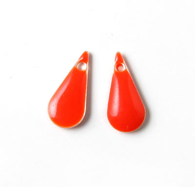 Enamel charm, slim reddish orange teardrop, 15x7mm, 2pcs.