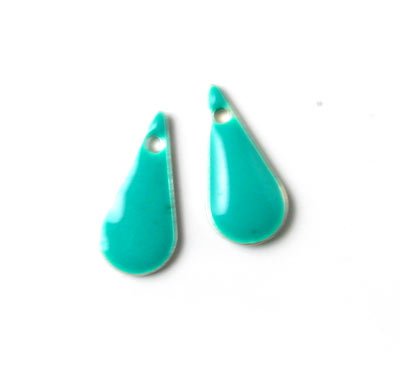 Enamel charm, slim turquoise teardrop, 15x7mm, 2pcs.