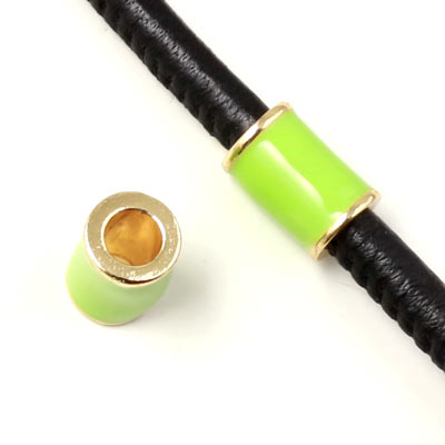 Enamel tube-bead with gold-plated edge, light green, 12x8mm, hole size 5mm, 1pc