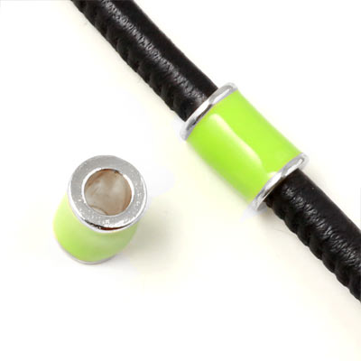 Enamel tube-bead with silver-plated edge, light green, 12x8mm, hole size 5mm, 1pc