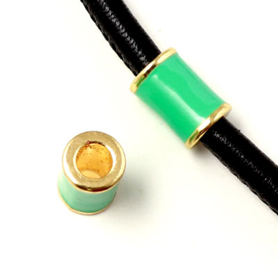 Enamel tube-bead with gold-plated edge, turquoize green, 12x8mm, hole size 5mm, 1pc