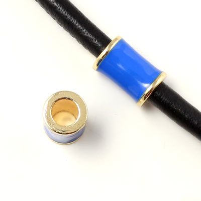Enamel tube-bead with gold-plated edge, blue, 12x8mm, hole size 5mm, 1pc