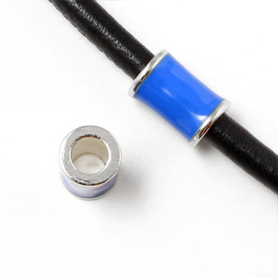 Enamel tube-bead with silver-plated edge, blue, 12x8mm, hole size 5mm, 1pc