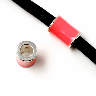 Enamel tube-bead with silver-plated edge, coral, 12x8mm, hole size 5mm, 1pc