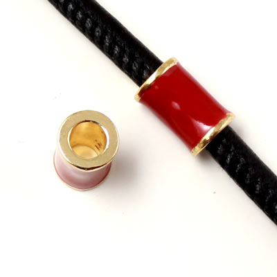Enamel tube-bead with gold-plated edge, dark red, 12x8mm, hole size 5mm, 1pc