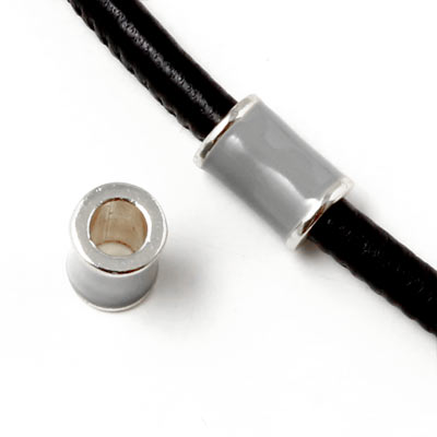 Enamel tube-bead with silver-plated edge, grey, 12x8mm, hole size 5mm, 1pc