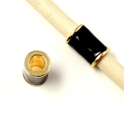 Enamel tube-bead with gold-plated edge, black, 12x8mm, hole size 5mm, 1pc