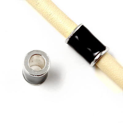 Enamel tube-bead with silver-plated edge, black, 12x8mm, hole size 5mm, 1pc