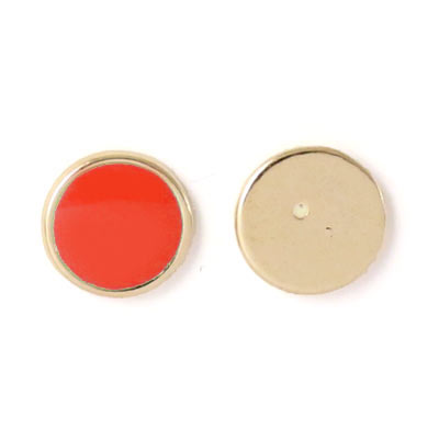 Enamel coin without hole, coral-red and gilded, 12x1.5mm, 2pcs.