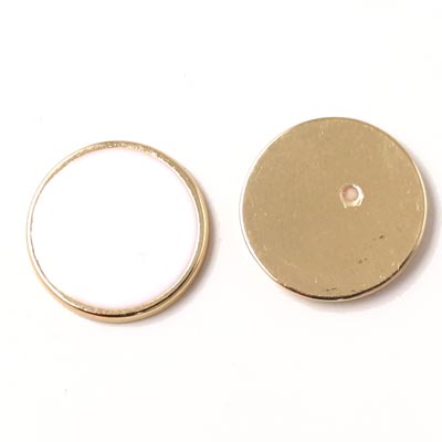 Enamel coin without hole, white and gilded, 16x2mm, 2pcs.