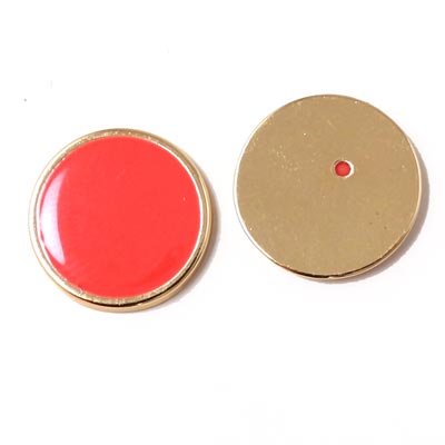 Enamel coin without hole, coral-red and gilded, 16x2mm, 2pcs.