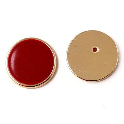 Enamel coin without hole, dark red and gilded, 16x2mm, 2pcs.